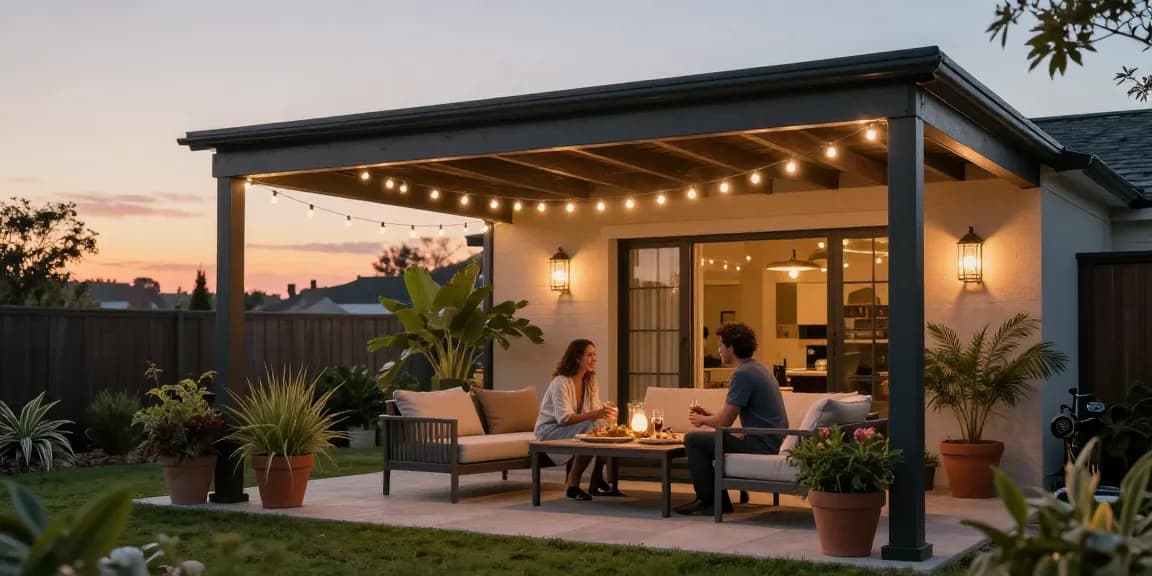 Moderne freistehende Terrassenüberdachung mit gemütlicher Sitzgelegenheit im Freien.