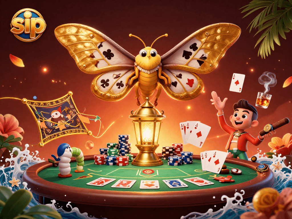 Sip and strategize at the poker table, with golden moth companions weaving rich casino themes.