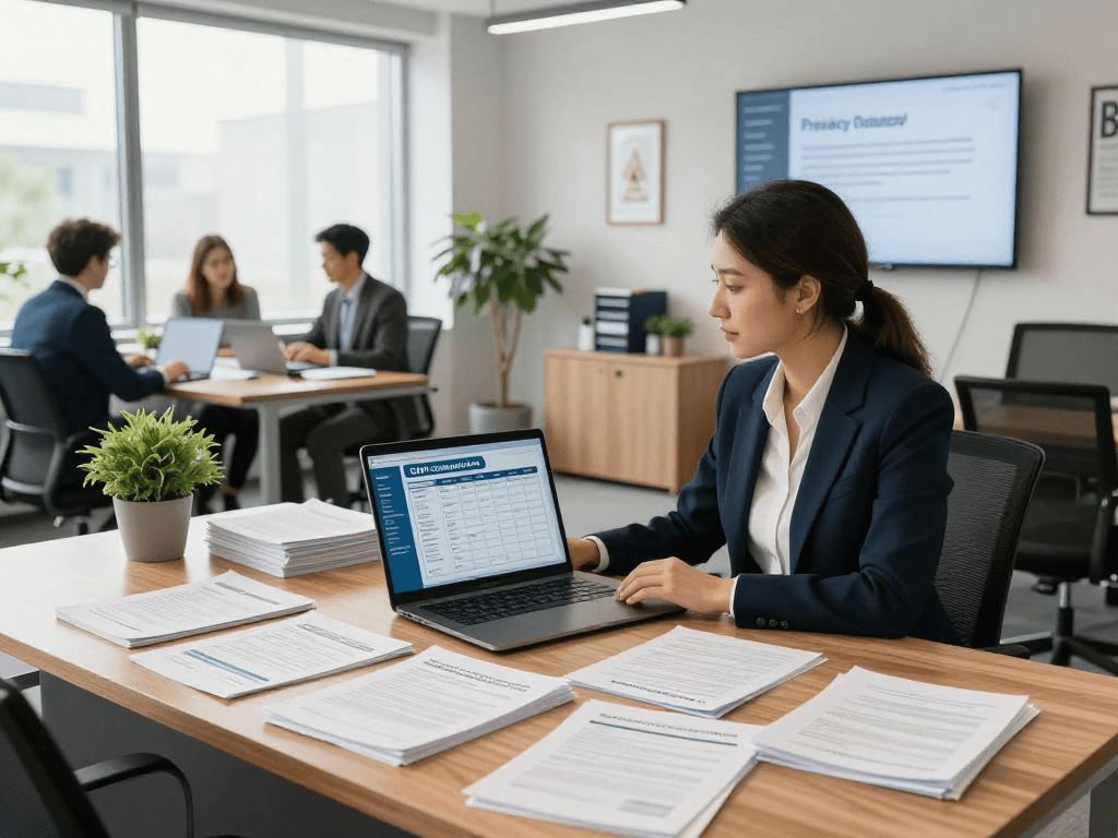 Your personal data protection expert featured on the Startseite, consulting in a bright office environment.