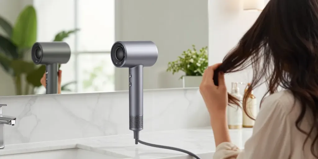 Test Haartrockner im Badezimmer mit eleganten Styling-Elementen.