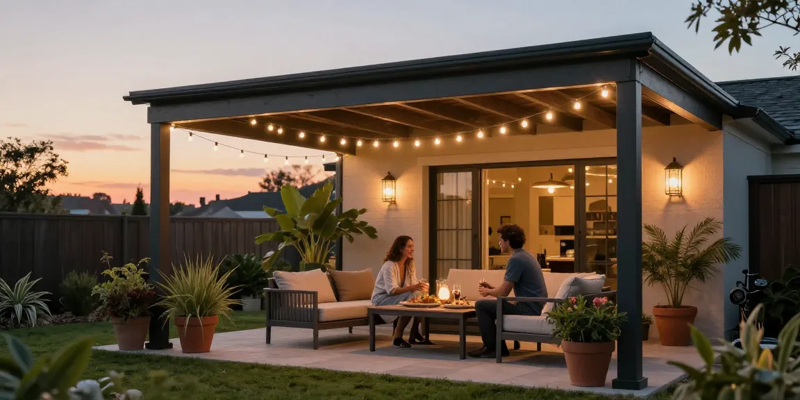 Moderne freistehende Terrassenüberdachung mit gemütlicher Sitzgelegenheit im Freien.