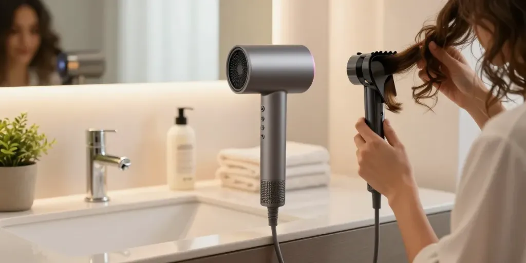 Moderne Badezimmer-Szene mit Föhn mit Diffusor, Frisur stylen.