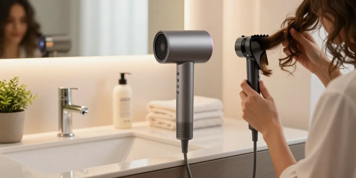 Moderne Badezimmer-Szene mit Föhn mit Diffusor, Frisur stylen.