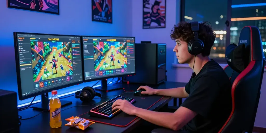 Engaged gamer exploring rokok88 rtp game interface with dynamic lighting and vibrant setup.
