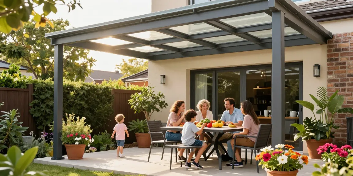 Moderne Terrassenüberdachung mit Familie im Freien, einladende Atmosphäre.