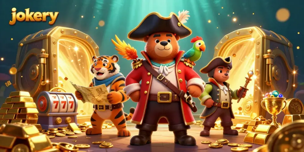 Join the excitement at jokery Casino with a vibrant pirate-themed treasure scene full of slots and jewels.