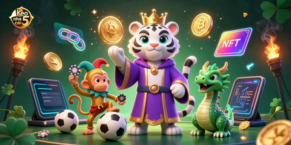Engaging illustration of keo nha cai 5 featuring a royal tiger, juggling monkey, and jade dragon in a vibrant sports-themed scene.