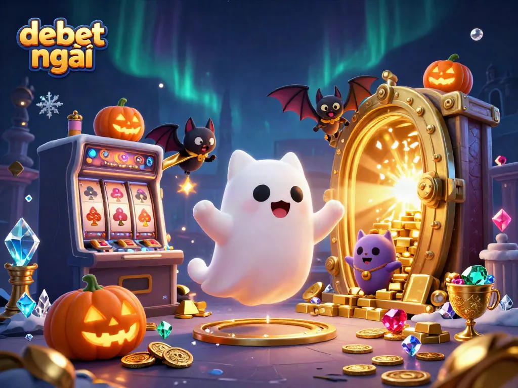 Win exciting rewards at debet mới with a ghost cat and bat in a vibrant casino scene.