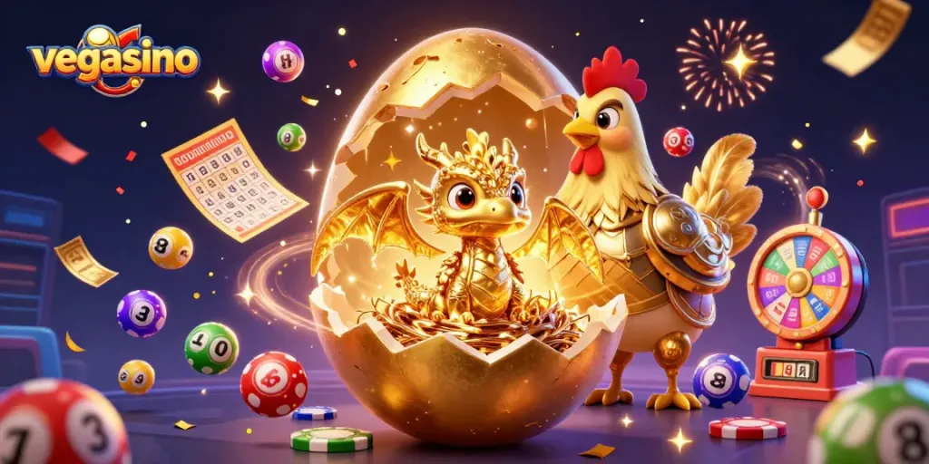 Engage with the thrill of vegasino through a dazzling scene of a mythical golden dragon and vibrant casino elements.