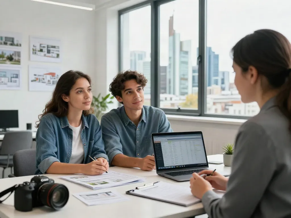 Bester Immobilienmakler Frankfurt erklärt Kaufoptionen in modernem Büro mit Stadtblick.