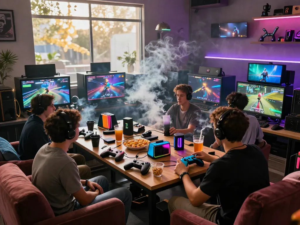 Exciting gaming scene with friends enjoying rokok88 apk in a vibrant smoke shop atmosphere.