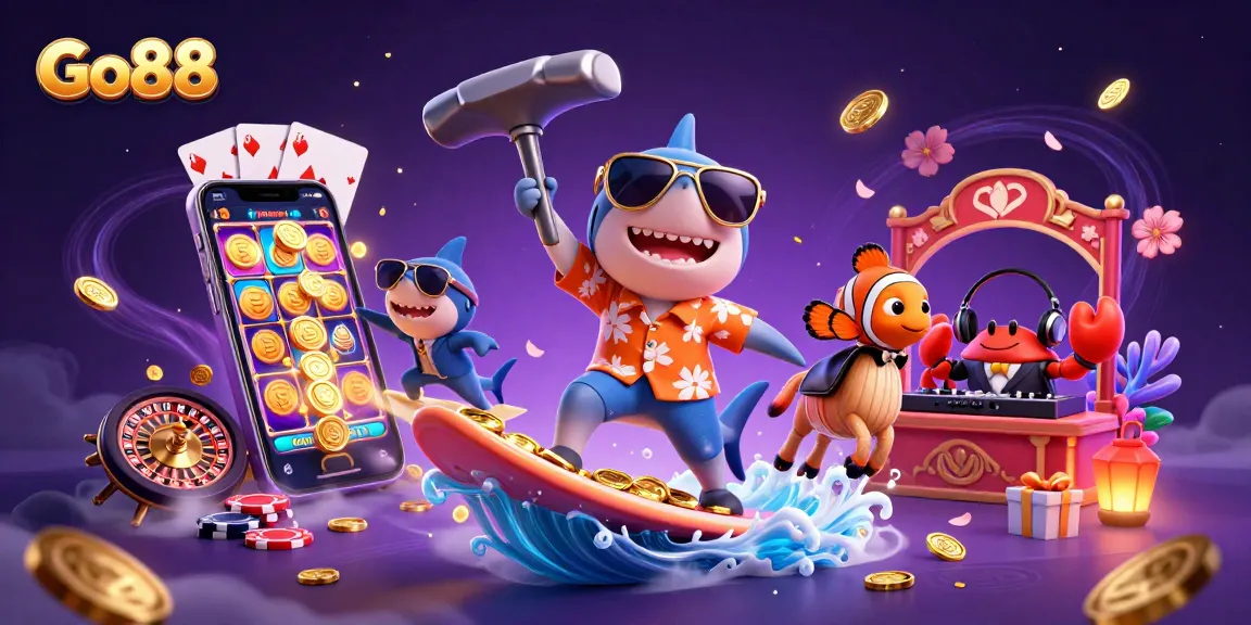 Experience Go88's excitement with a vibrant 3D illustration showcasing fun gambling activities.
