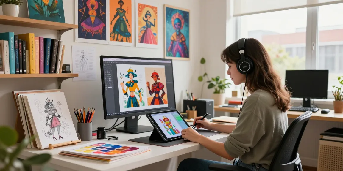 Artist creating 18+ AI illustrations in vibrant digital studio