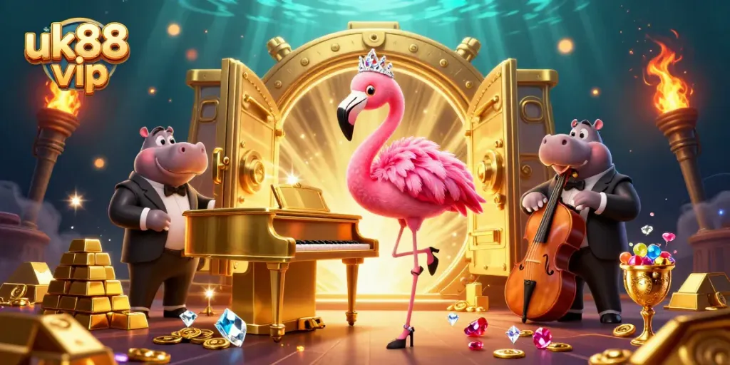 Experience the vibrant uk88 vip scene with a flamingo singer and hippo bassist amidst treasures