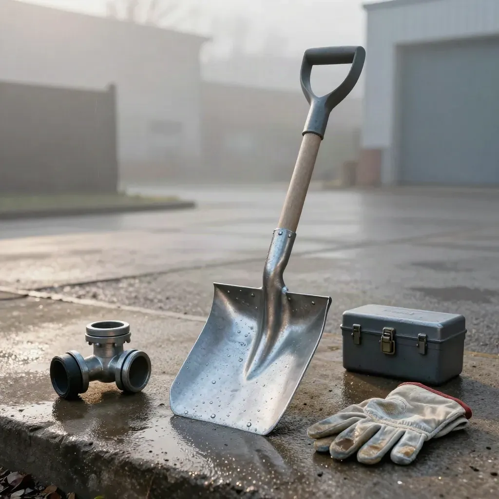 Nasse Bauhof-Schaufel, Schlauchkupplung, Radkeil, Handschuhe und Schlossbox auf Beton.