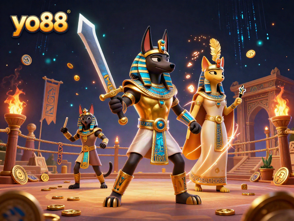 Engage in thrilling gaming experiences at yo88 with a mystical Egyptian warrior and cat in an action-packed casino scene.