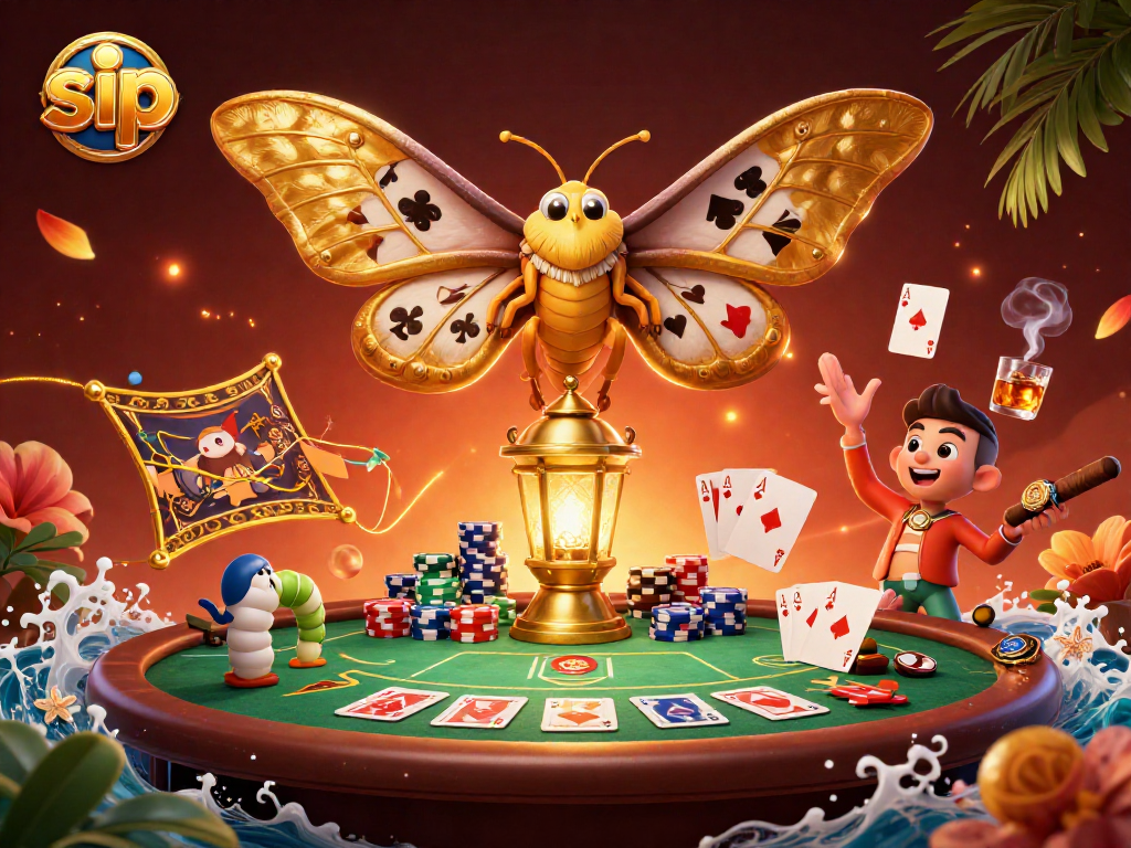 Sip and strategize at the poker table, with golden moth companions weaving rich casino themes.