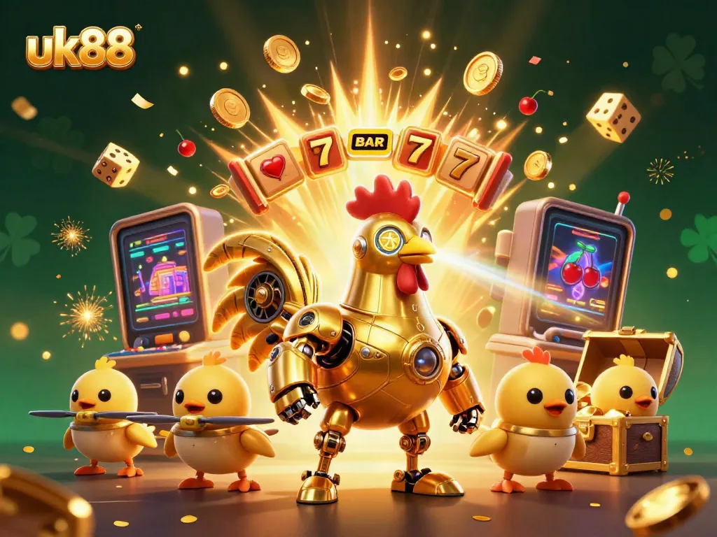 Experience the excitement of winning at uk88 with a dynamic scene of a golden rooster robot, slot machine explosions, and baby chick drones.