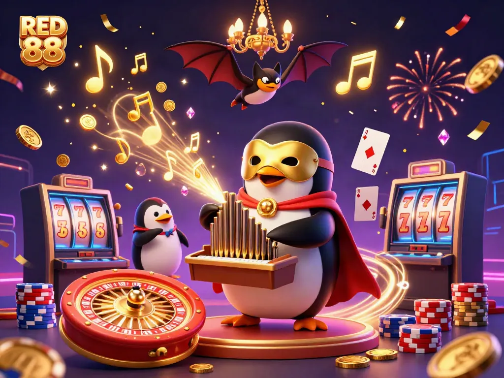 Experience the excitement of RED 88 with festive golden coins and a thrilling casino atmosphere.