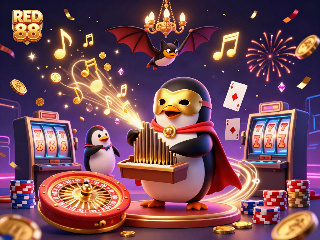 Experience the excitement of RED 88 with festive golden coins and a thrilling casino atmosphere.