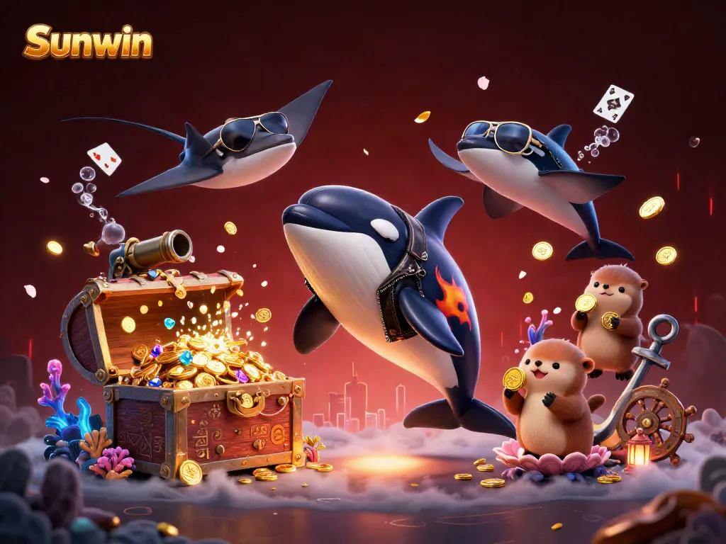 Sunwin orca whale jumps alongside otters holding coins in a lively underwater casino scene