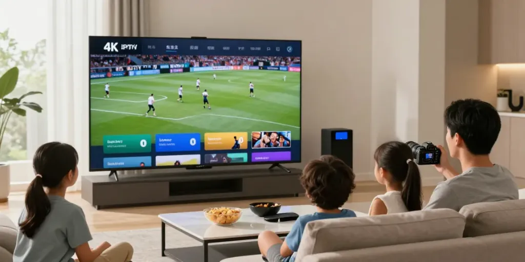 IPTV streaming Deutschland in a modern living room with family enjoying 4K sports.