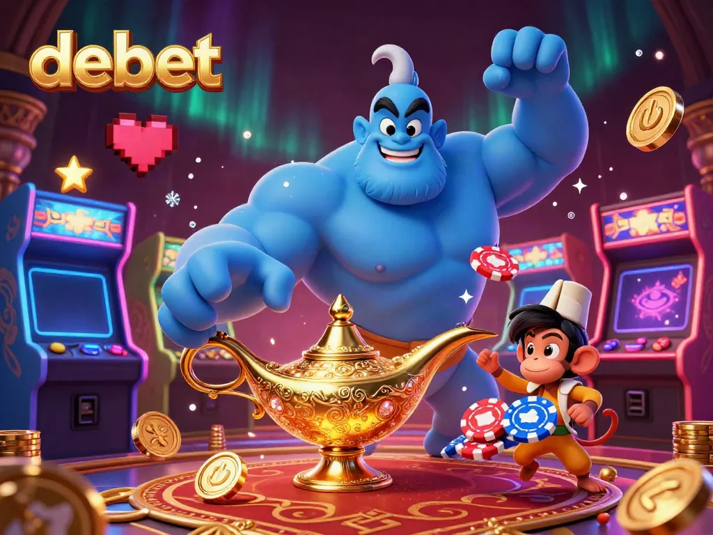 Experience debet's enchanting world of casino gaming with a vibrant 3D genie and poker elements.