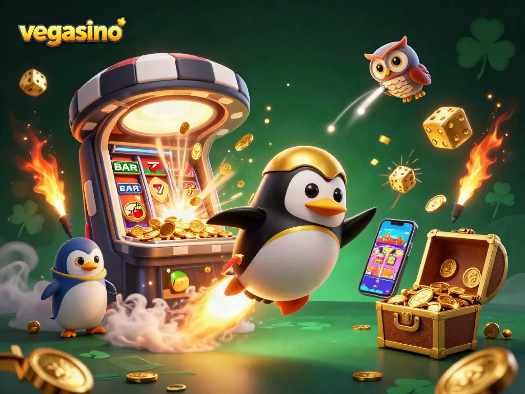 Experience big wins at vegasino with a golden penguin rocket soaring toward vibrant slots!