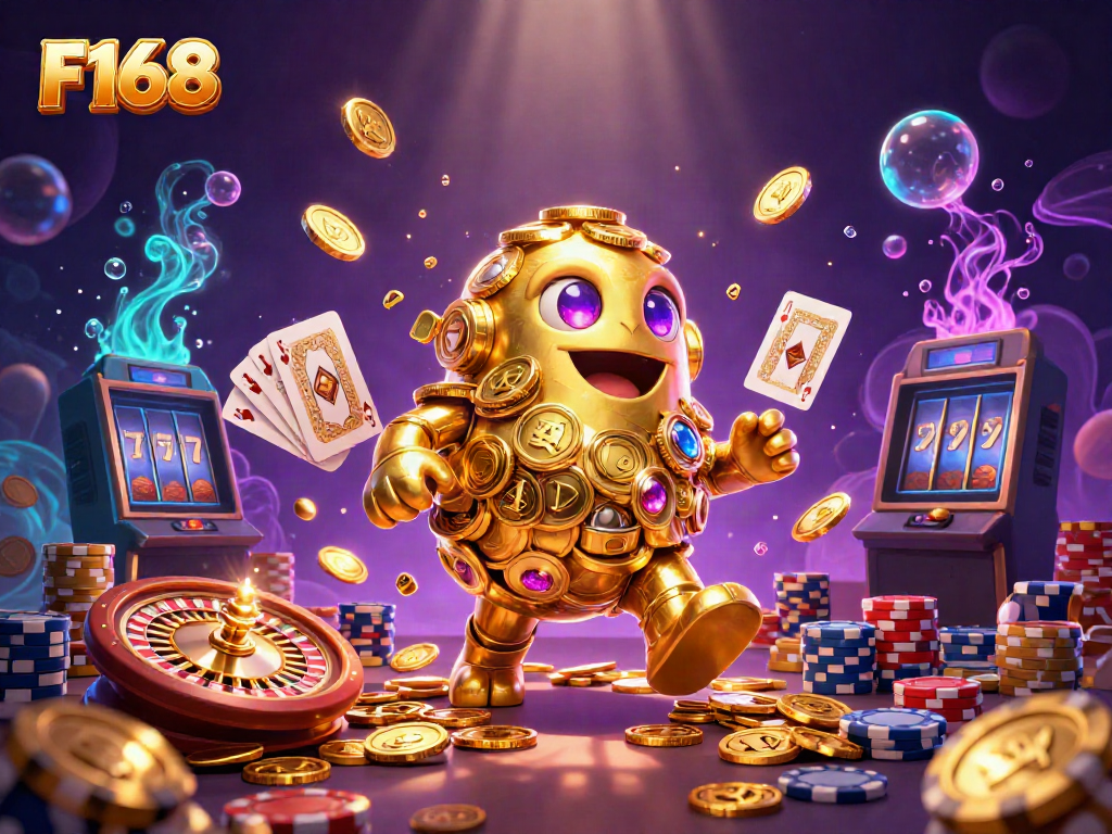 Experience thrilling gameplay with F168, featuring a vibrant scene of casino elements and golden golem.