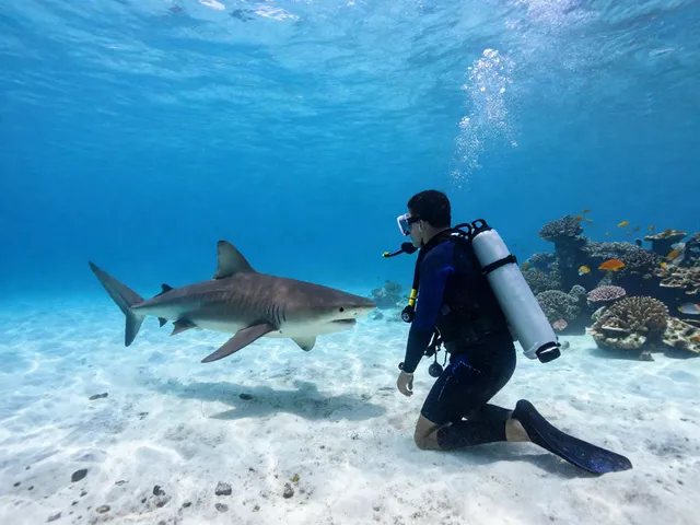 Tauchen mit Bullenhaien in Playa del Carmen, Taucher beobachtet Bullenhai im klaren Wasser.