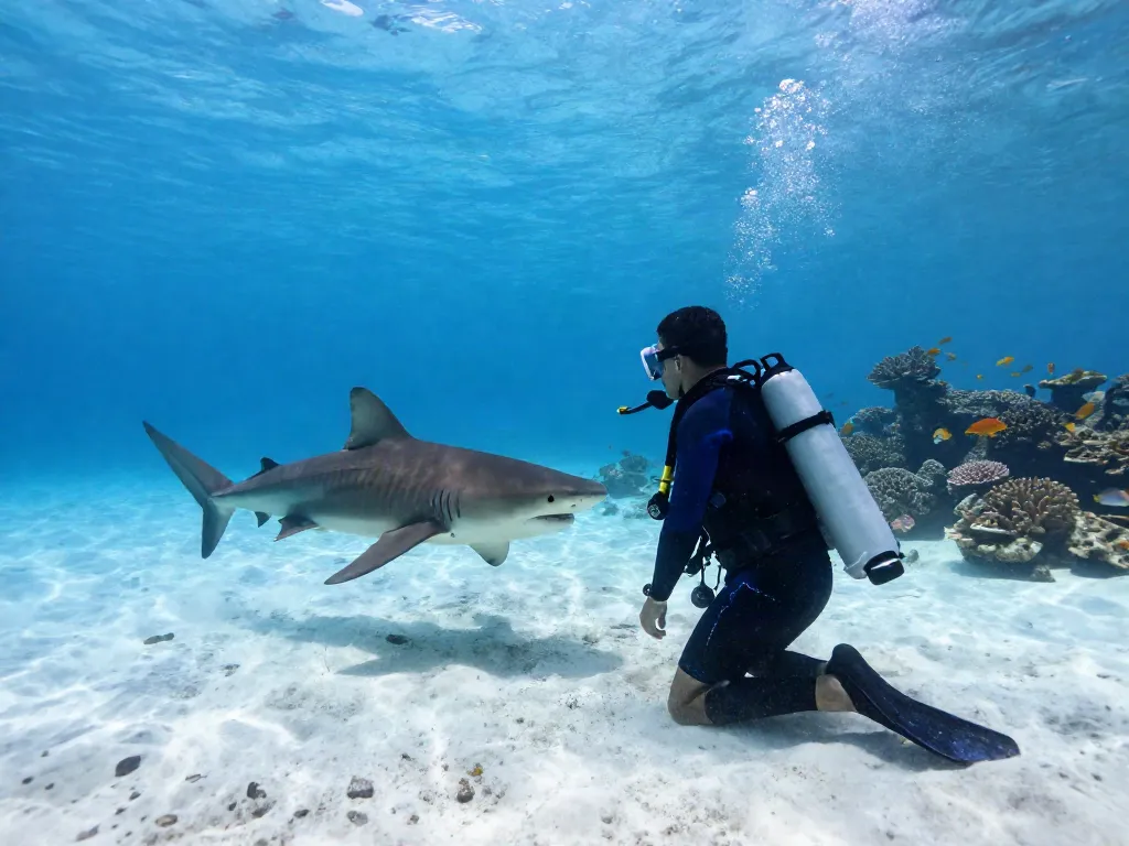Tauchen mit Bullenhaien in Playa del Carmen, Taucher beobachtet Bullenhai im klaren Wasser.