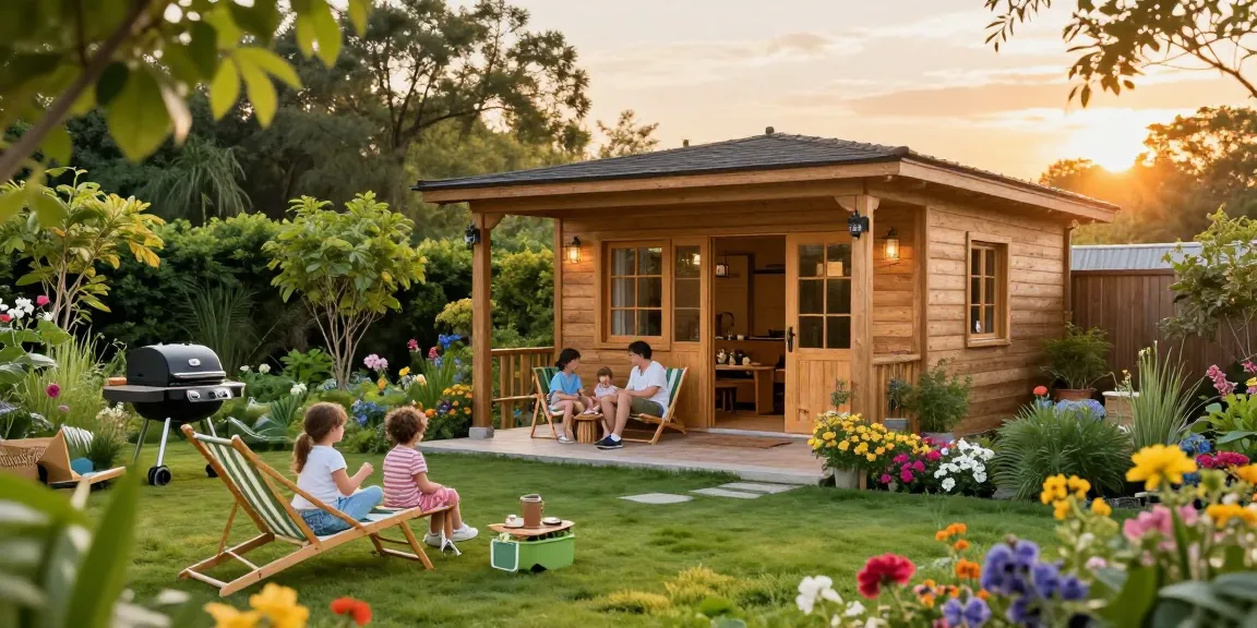 Gemütliches Gartenhaus Holz umgeben von Blumen und spielenden Kindern im Garten.