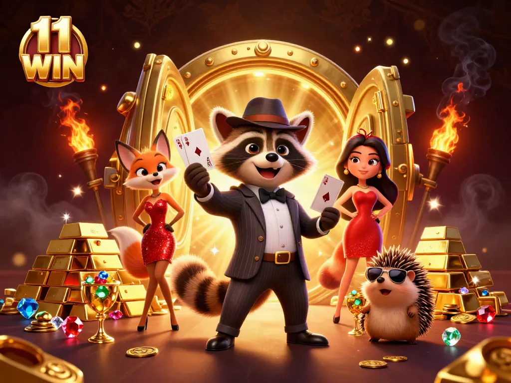 Experience thrilling gameplay at 11 WIN with a suave raccoon and fox lady in a luxurious casino setting.