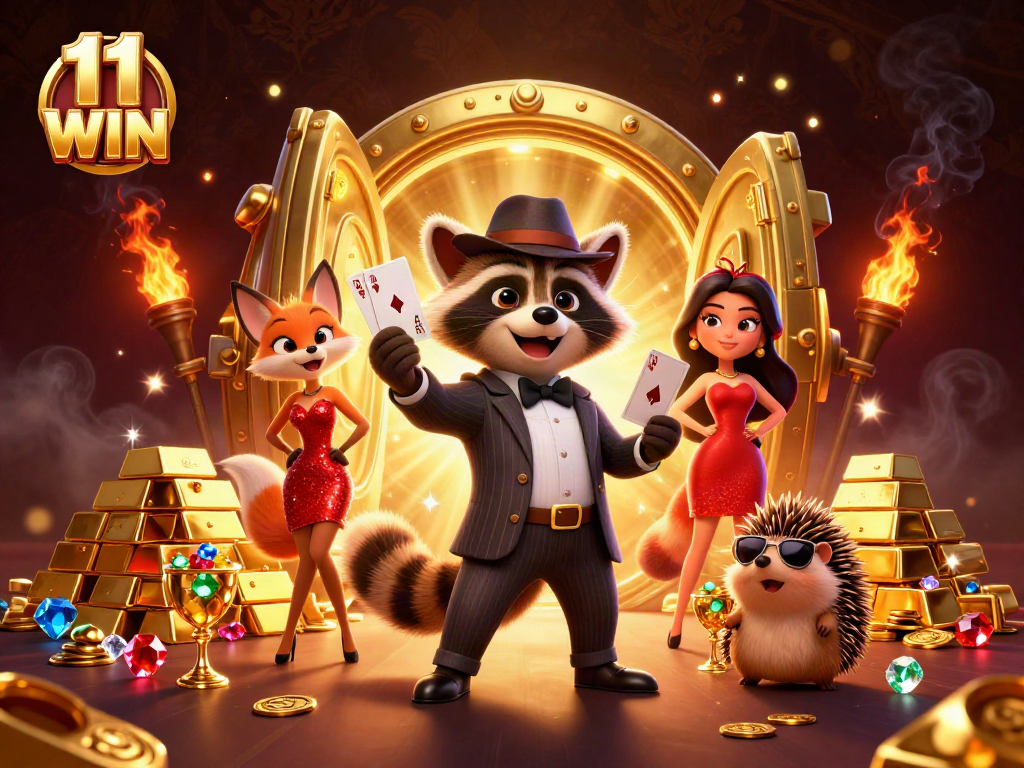 Experience thrilling gameplay at 11 WIN with a suave raccoon and fox lady in a luxurious casino setting.