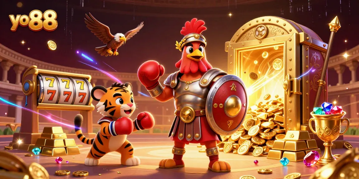 Engage in exciting gaming with yo 88 while animated gladiators and treasure unfold in vibrant detail.
