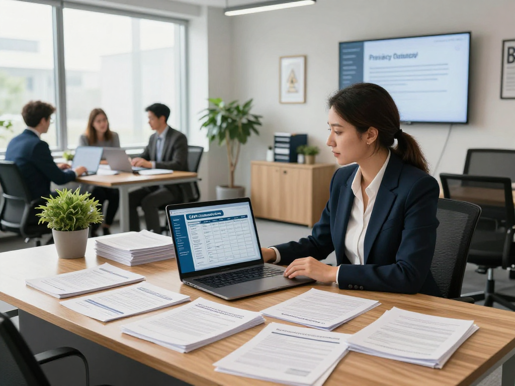 Your personal data protection expert featured on the Startseite, consulting in a bright office environment.