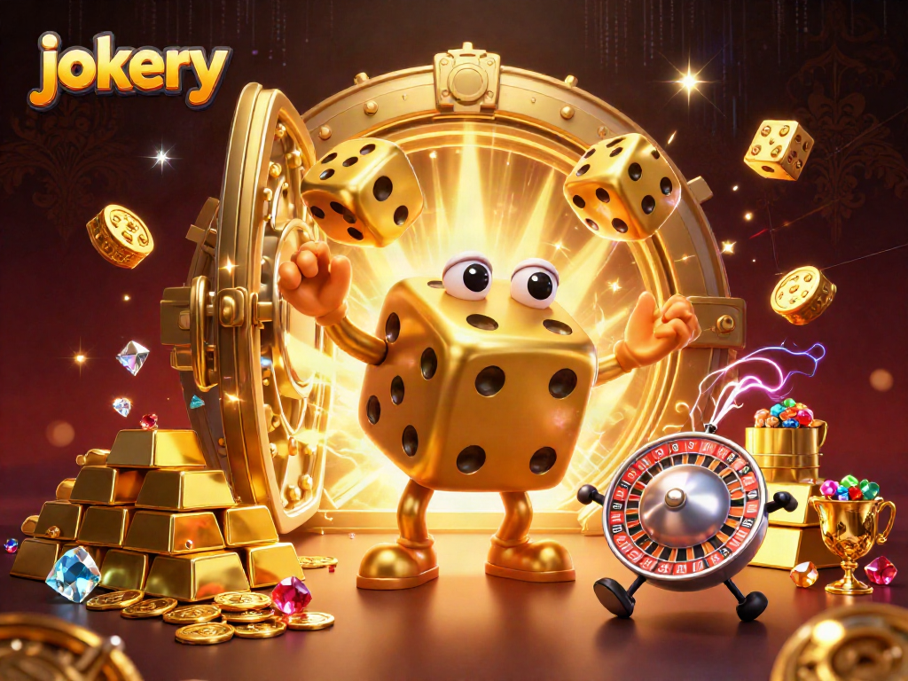 Experience the excitement of jokery at a vibrant casino scene with golden dice and treasure.
