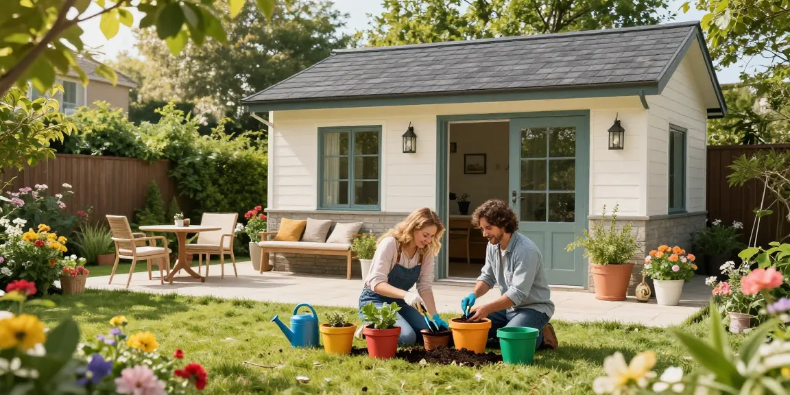 Gartenhaus kaufen in einem blühenden Garten mit fröhlichen Menschen beim Pflanzen.