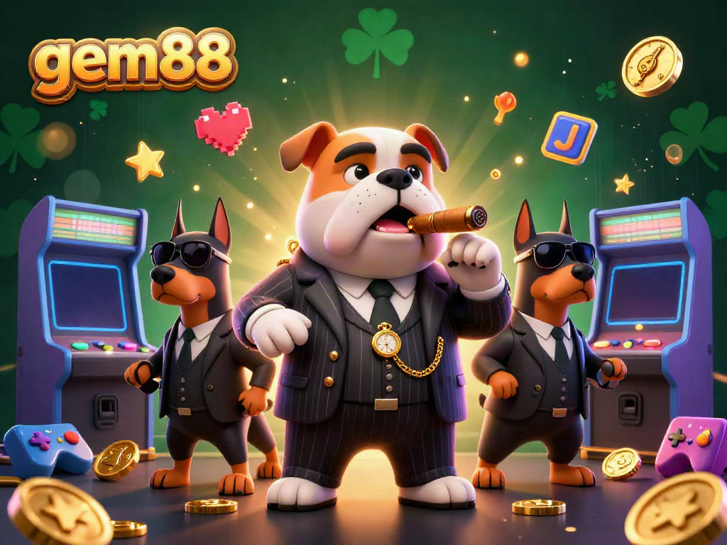 Experience thrilling gameplay at gem88 with a mafia bulldog, bodyguards, and vibrant gaming elements.