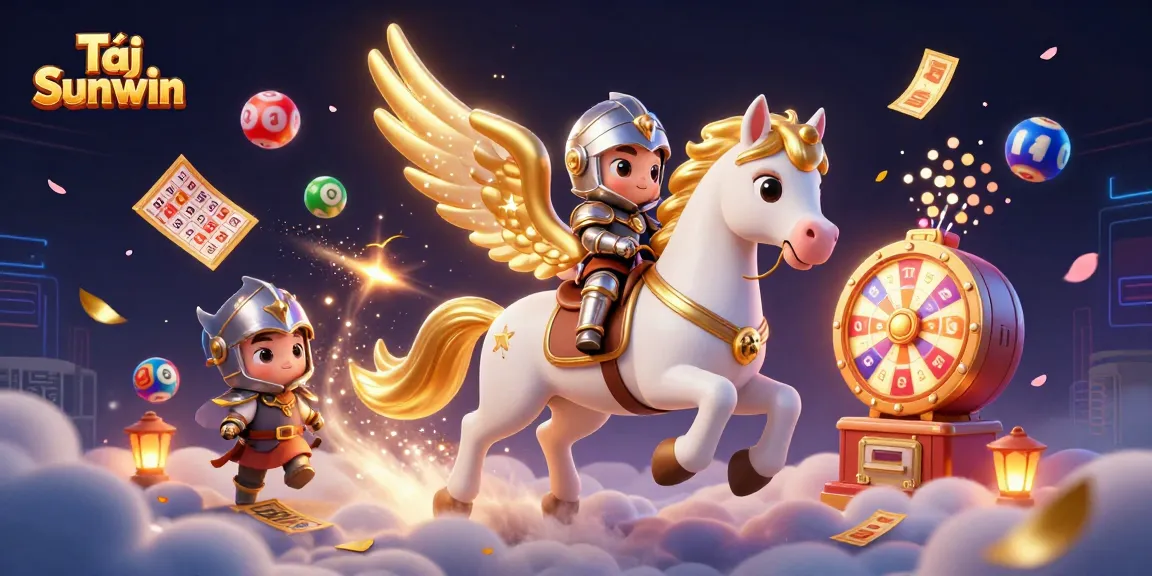 Tải Sunwin to experience exciting gameplay featuring a celestial horse, armored knight, and vibrant lottery elements.