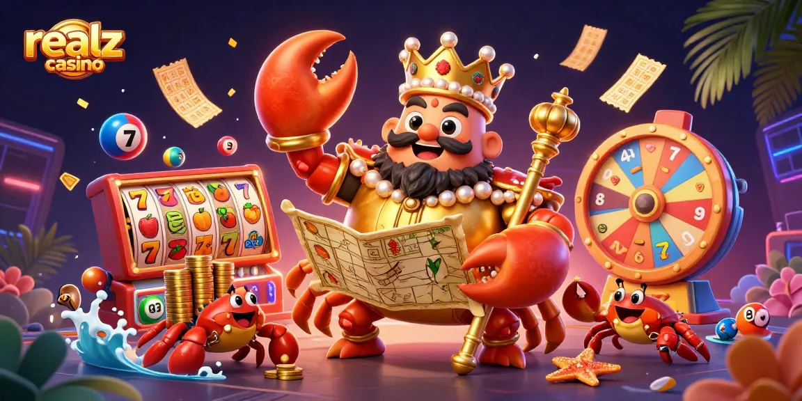 Experience the excitement of realz casino with vibrant 3D illustration of a golden crab emperor in a casino setting.