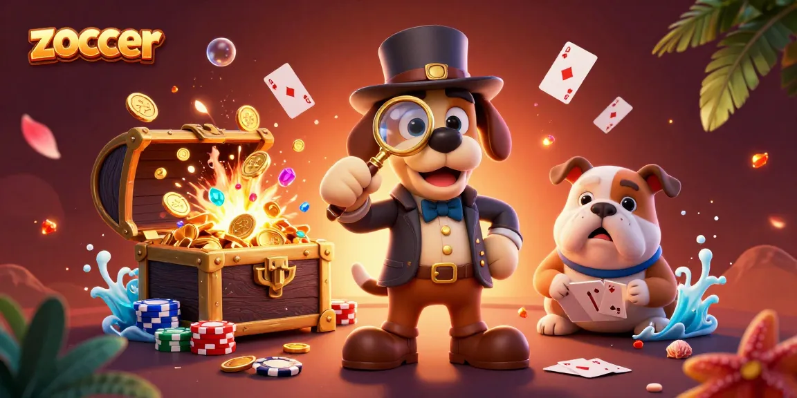 Experience thrilling gameplay at Zoccer with cartoon detective and bulldog exploring poker clues.