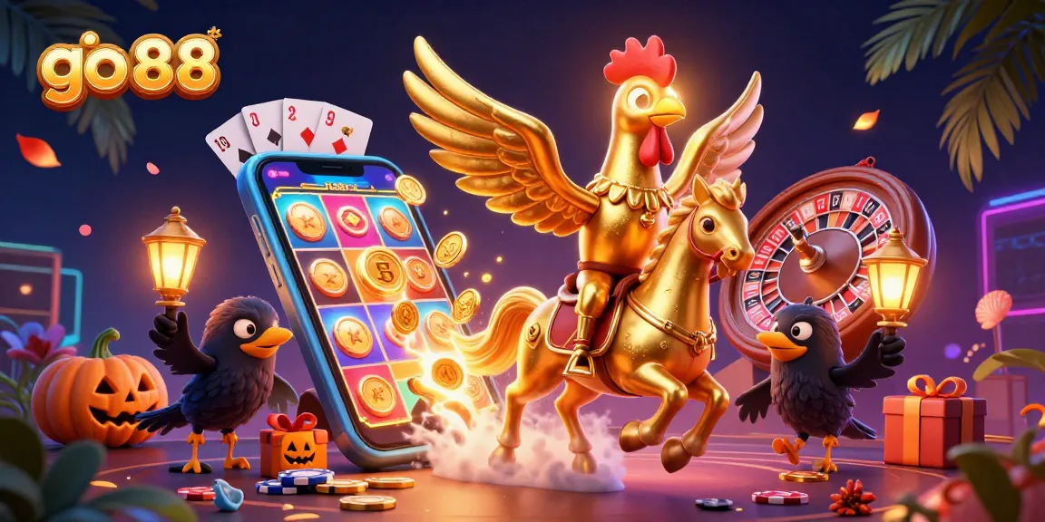 Join the thrilling action at go 88, where golden rooster characters play amidst vivid slot games and casino excitement.